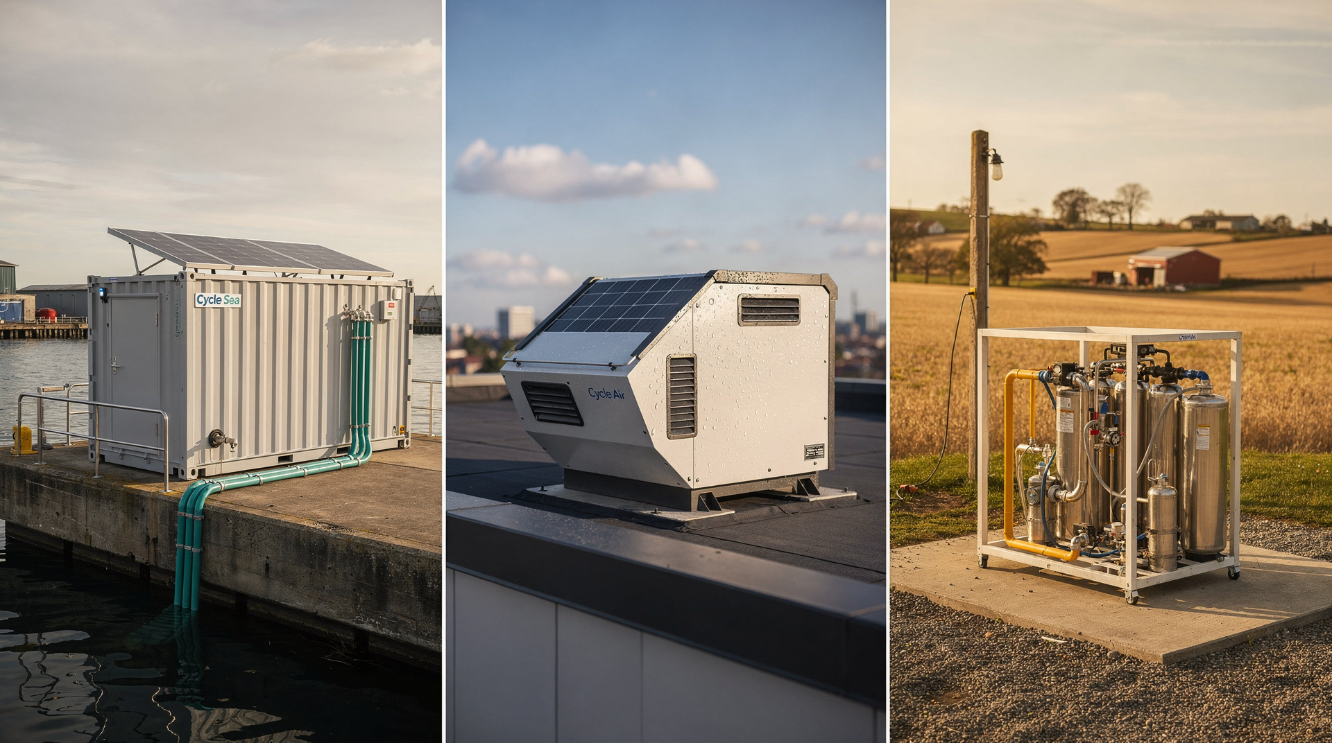 Three Joule Cycle form factors: Cycle Sea container, Cycle Air rooftop unit, Cycle Well skid