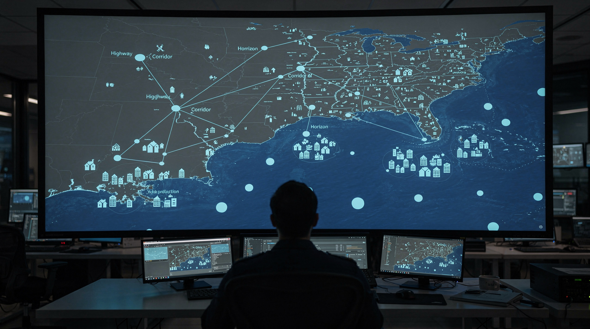 A single console with Corridor nodes, Horizon buoys, and Cycle production units
